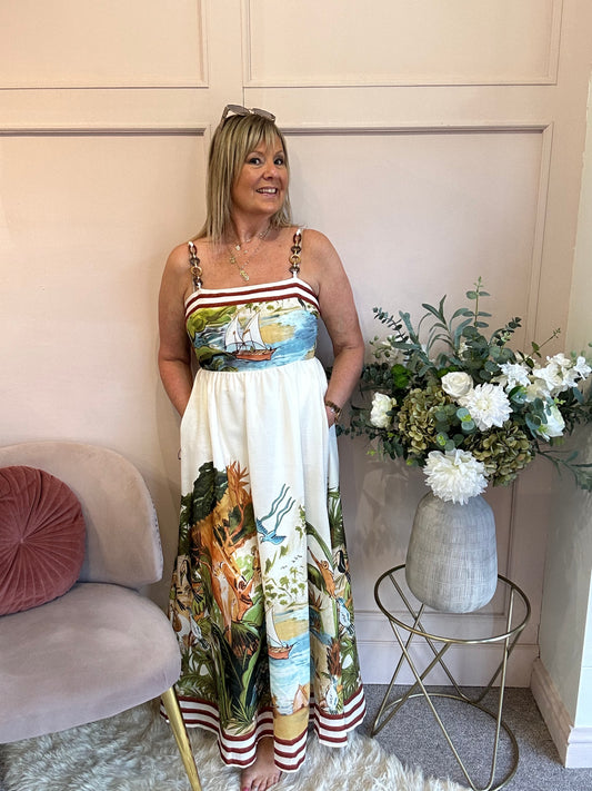 Lost In Paradise Maxi Dress - Cream/Green - Wardrobe By Simone