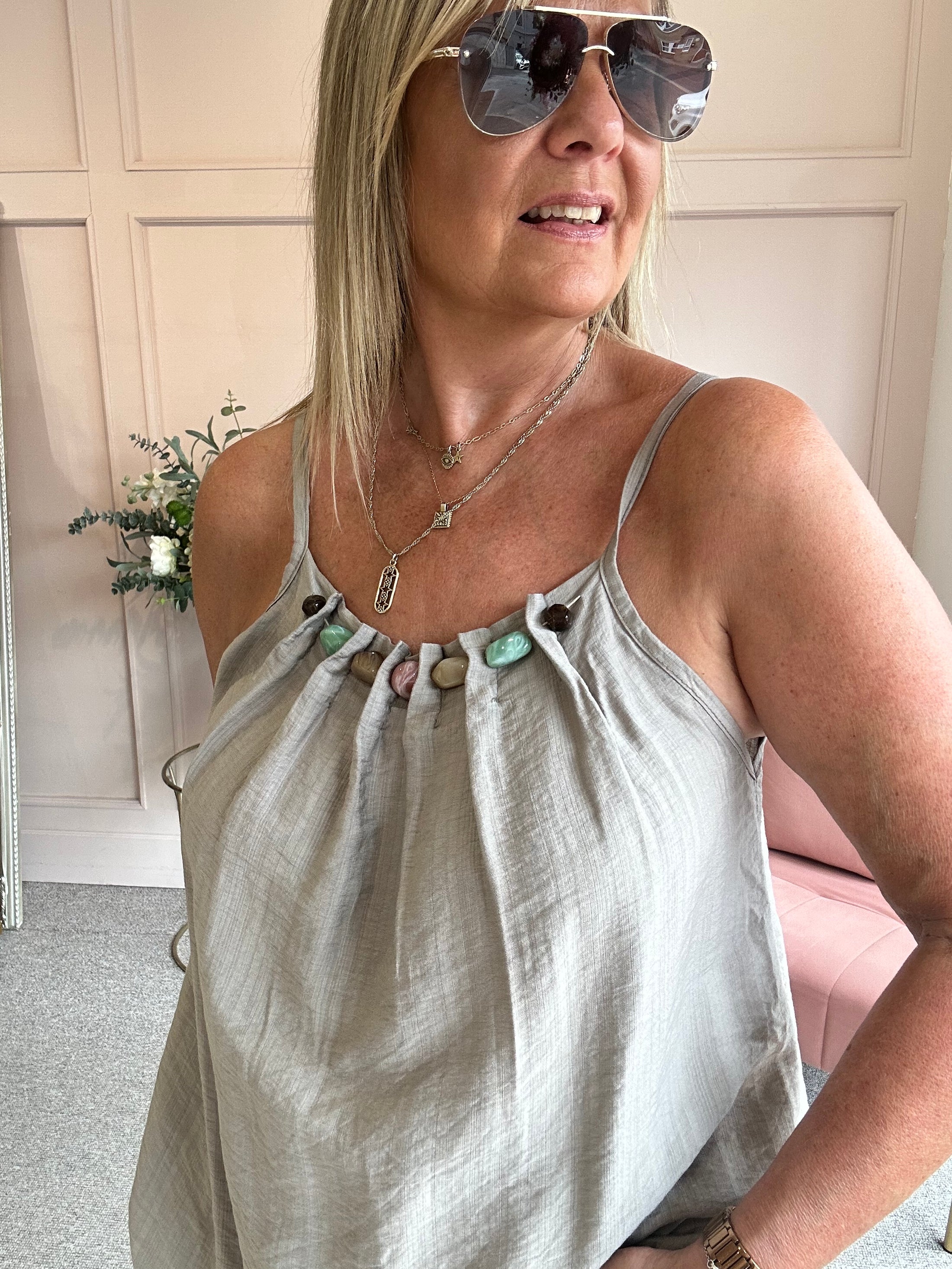 Beaded Cami Top - Taupe