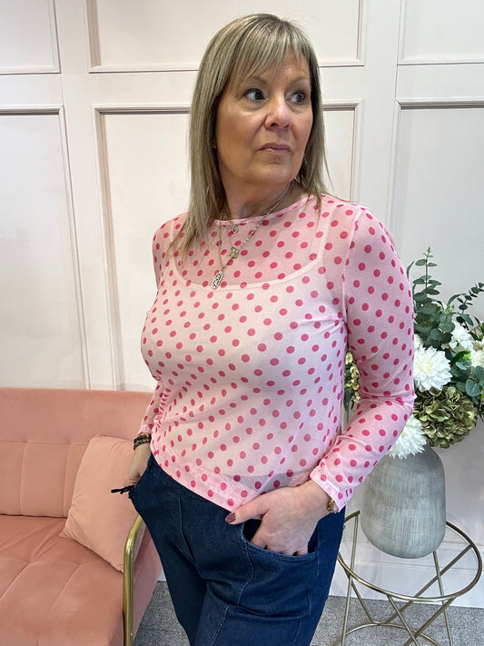 Polka Dot Mesh Top - Pink/Fuchsia - Wardrobe By Simone