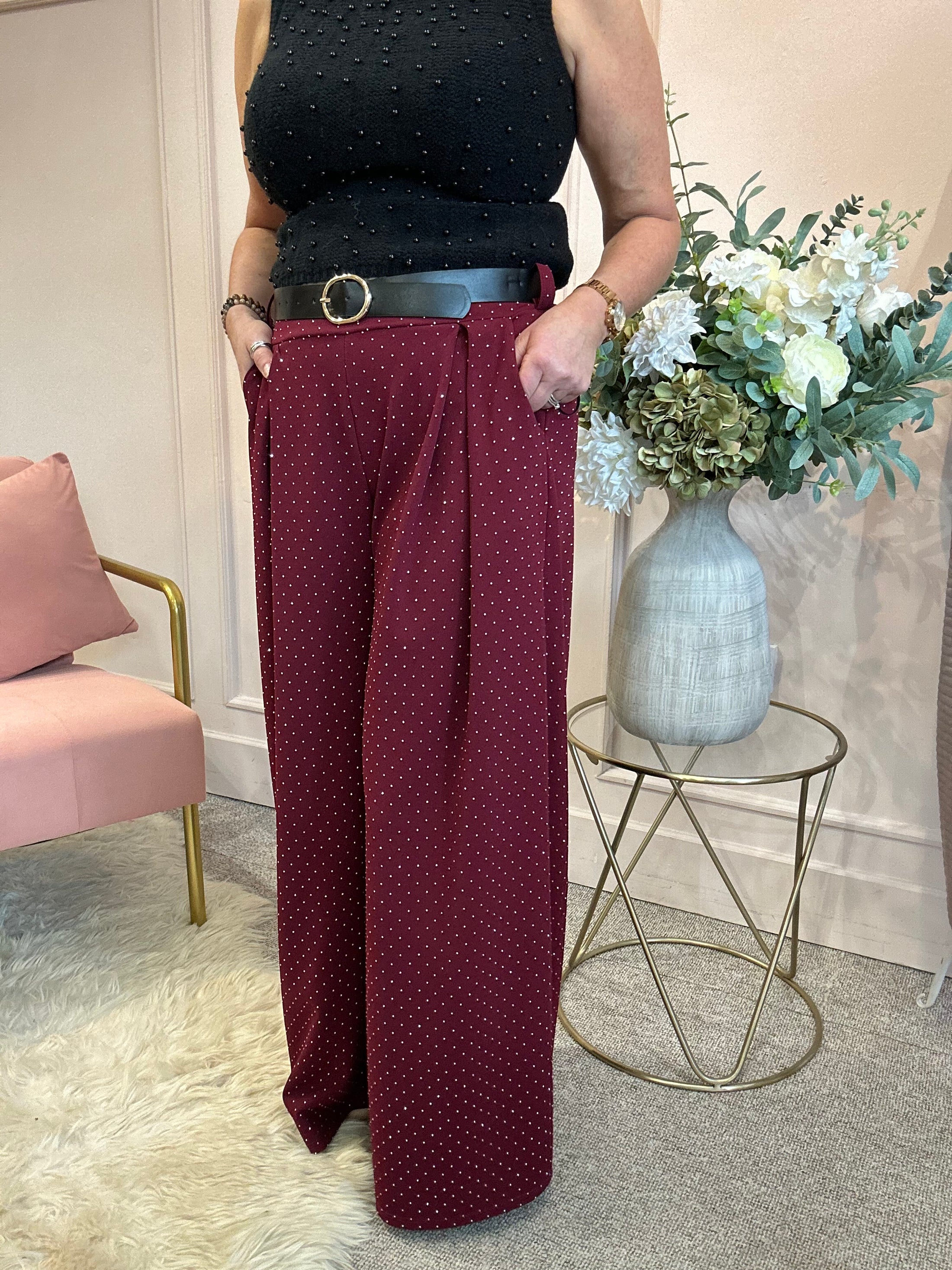 Twinkling & Sparkling Wide Leg Trouser - Burgundy