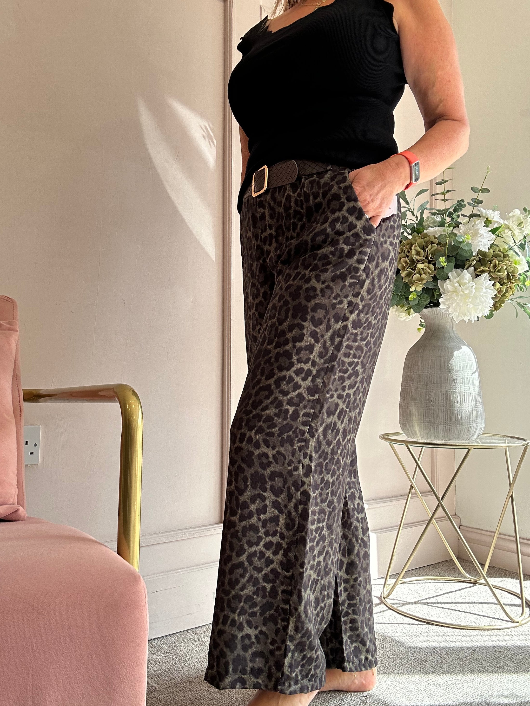 Belted Leopard Wide Pant - Khaki/Black