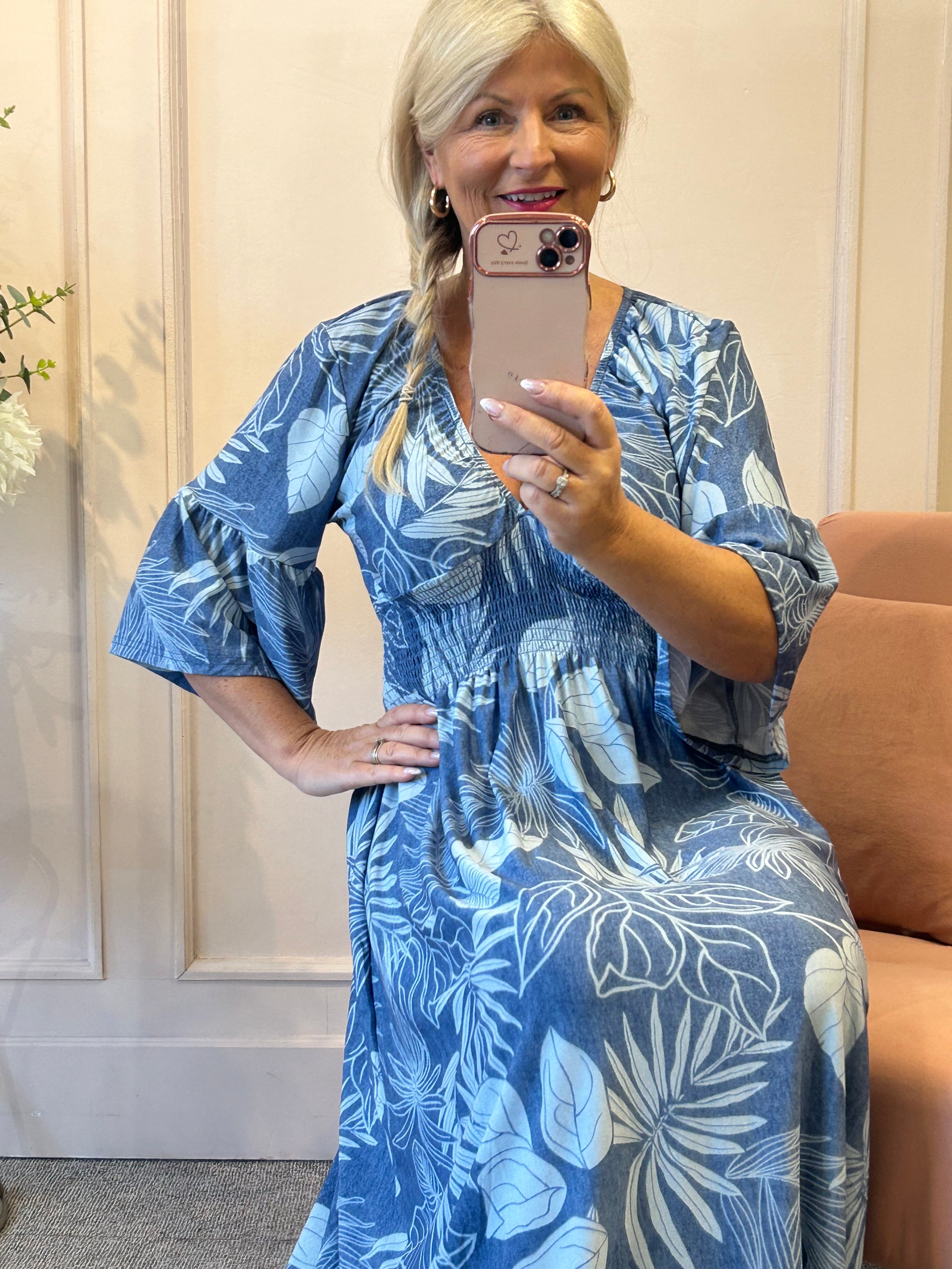 Tropical Leaf Maxi Dress  - Blues - Wardrobe By Simone