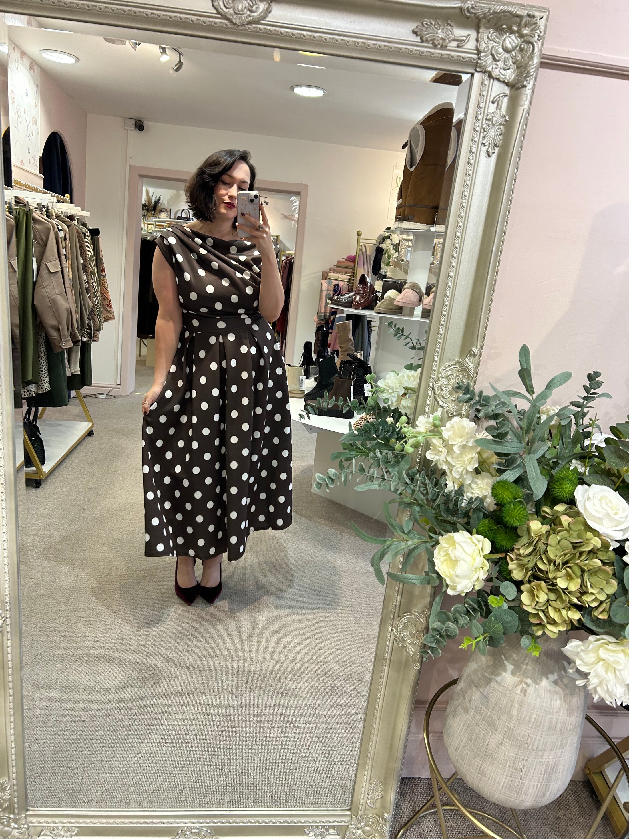 Polka Dot Asymmetric Neckline Skater Dress - Brown