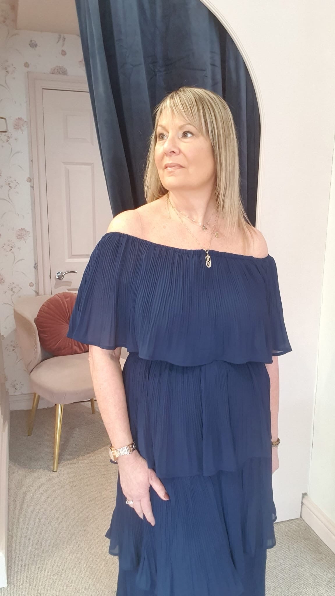 Off Shoulder Tiered Pleated Dress  - Navy - Wardrobe By Simone