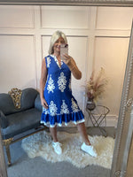 Damask Design Sleeveless Midi Dress - Blue