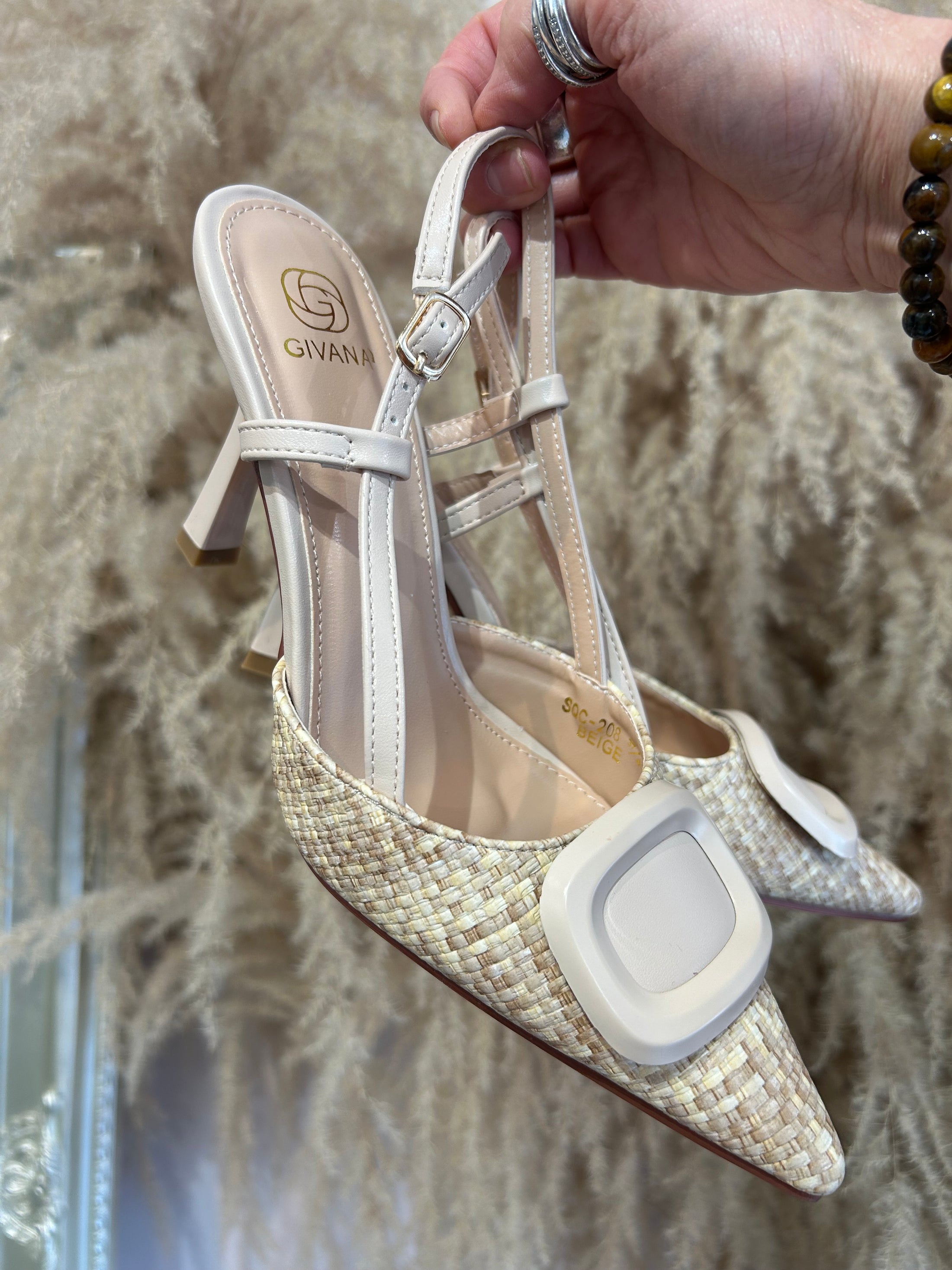 Kitten Heel Slingback Shoe - Cream/Mix - Wardrobe By Simone