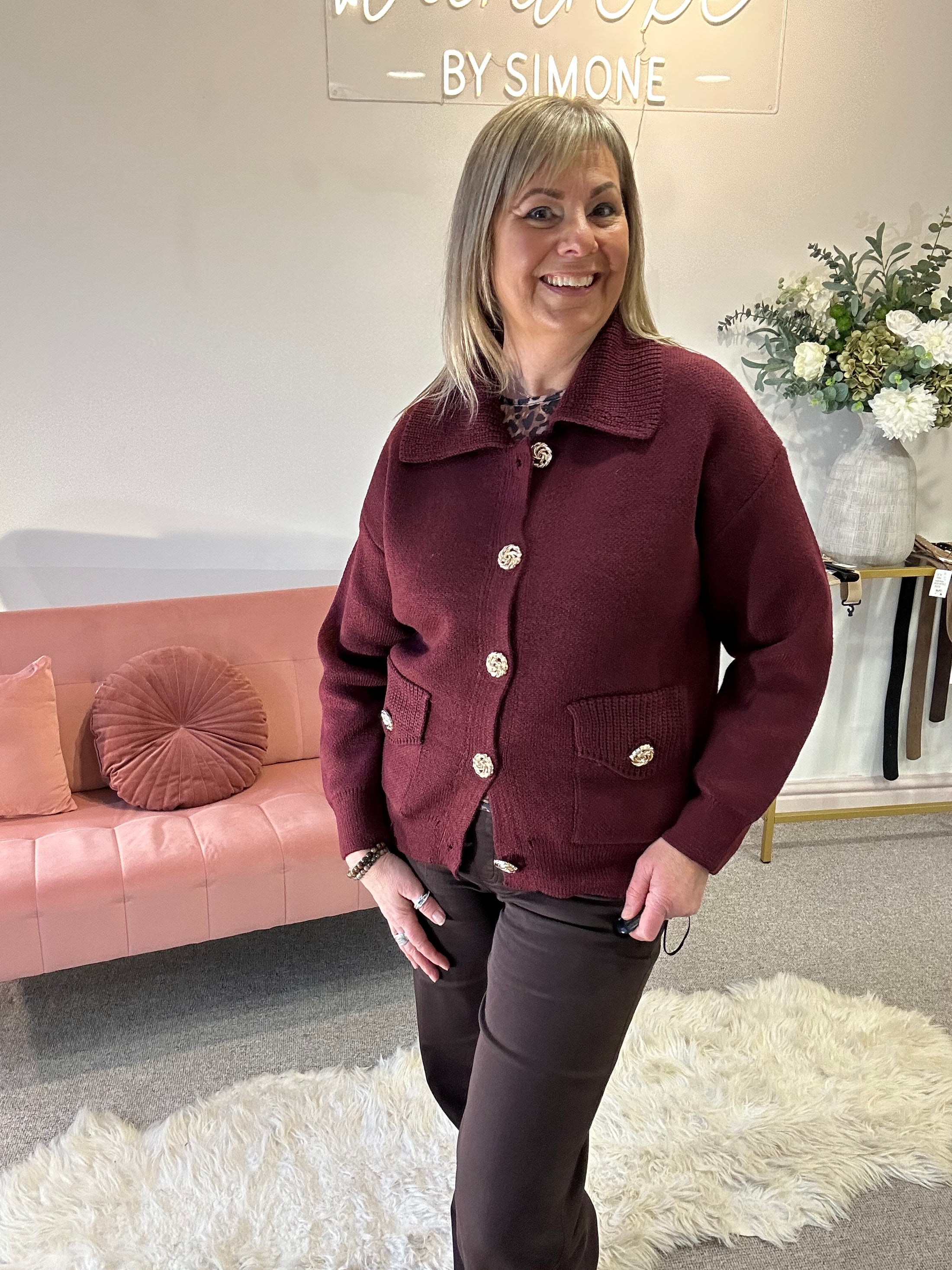 Gold Button Cardi Jacket -  Burgundy