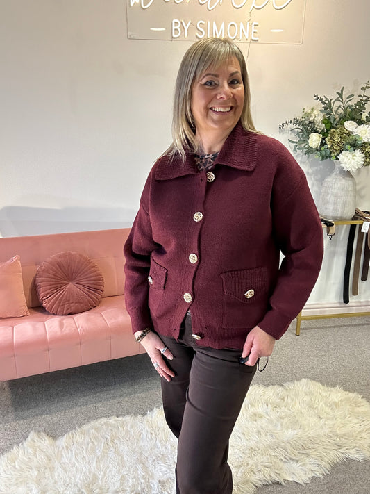 Gold Button Cardi Jacket -  Burgundy