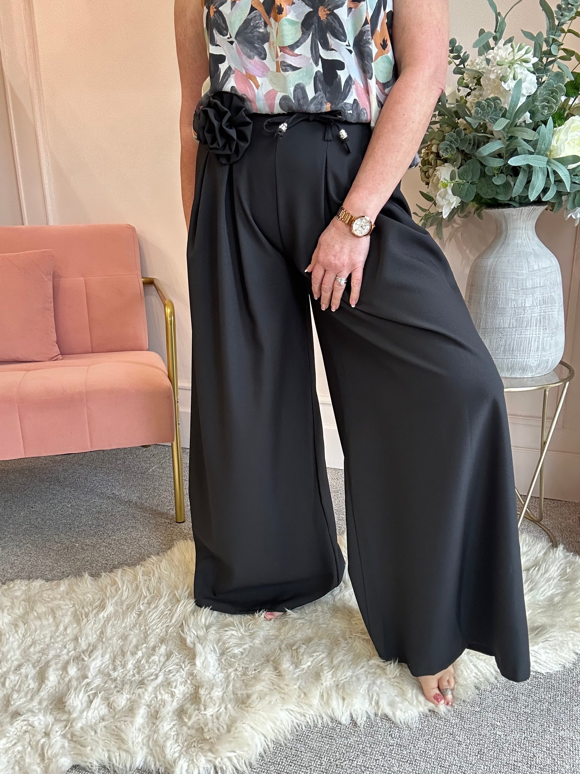 Flower Tie Wide Leg Pant - Black - Wardrobe By Simone