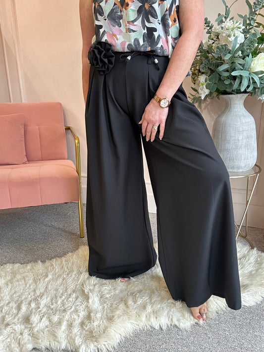 Flower Tie Wide Leg Pant - Black - Wardrobe By Simone