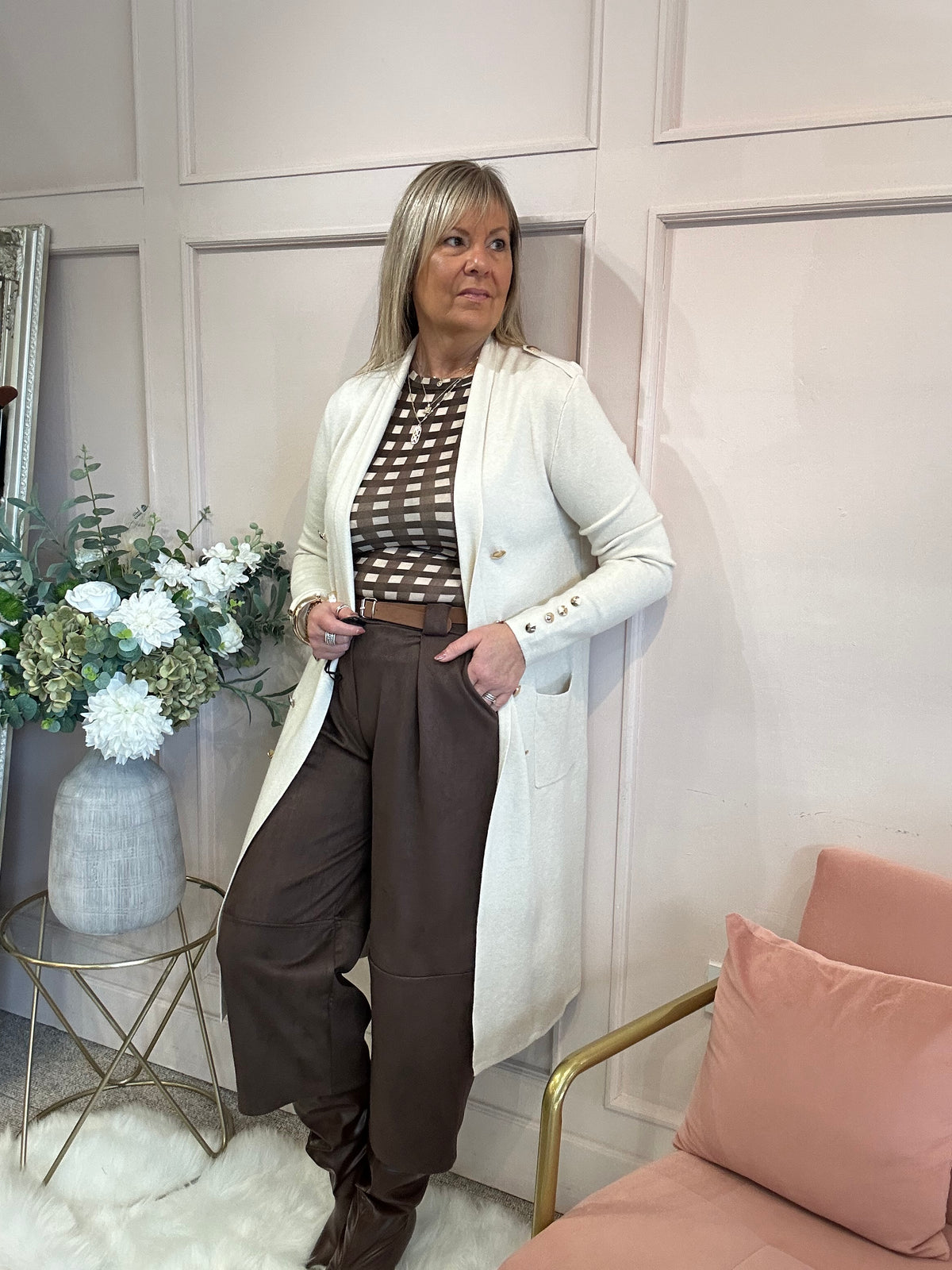 Long Gold Button Cardigan/Jacket - Cream