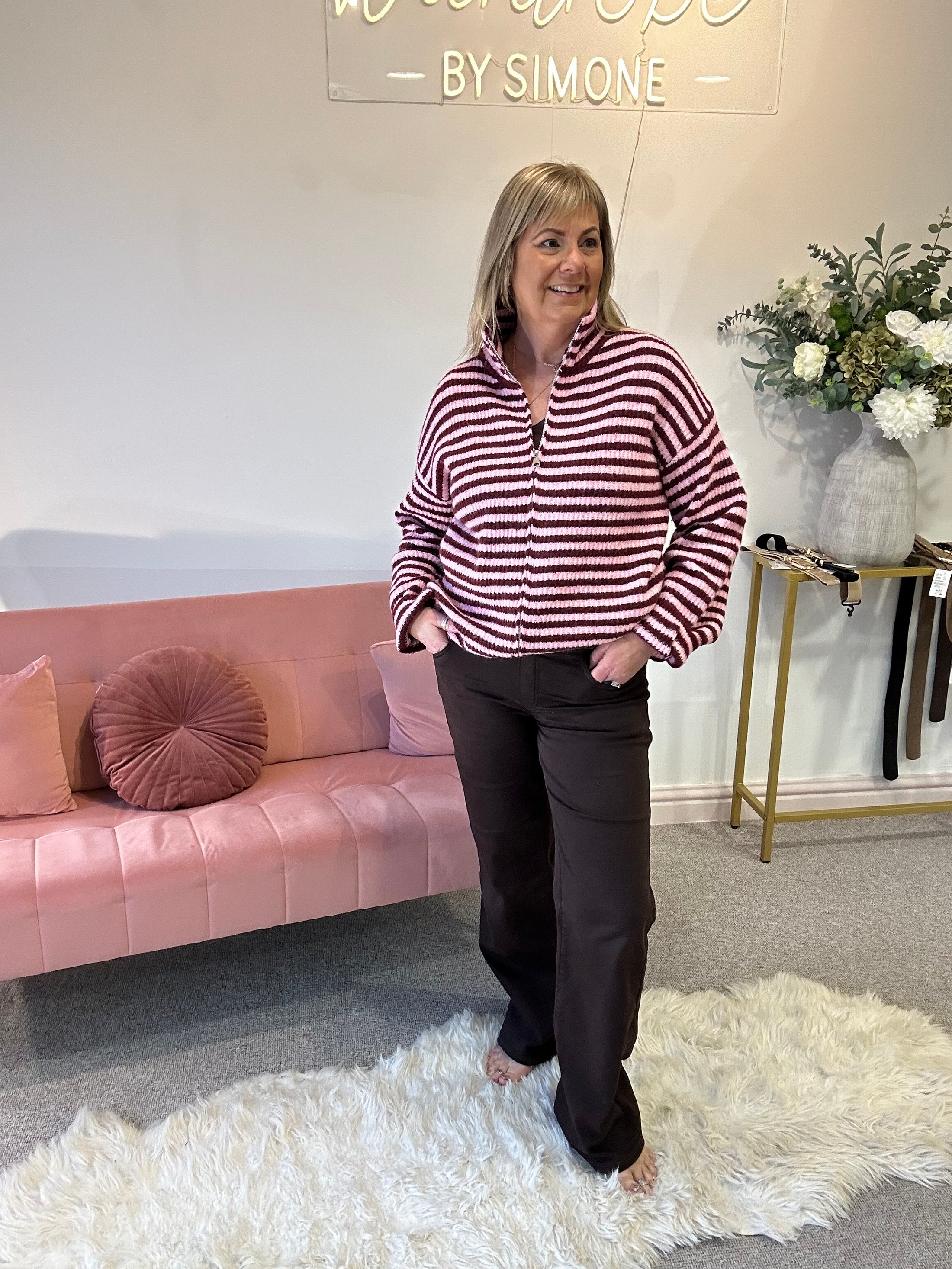 Zip Up Fun Striped Cardigan -  Pink/Burgundy