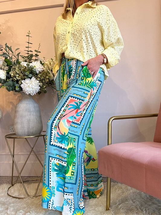 Club Tropicana Wide Leg Pant - Turquoise/Green - Wardrobe By Simone
