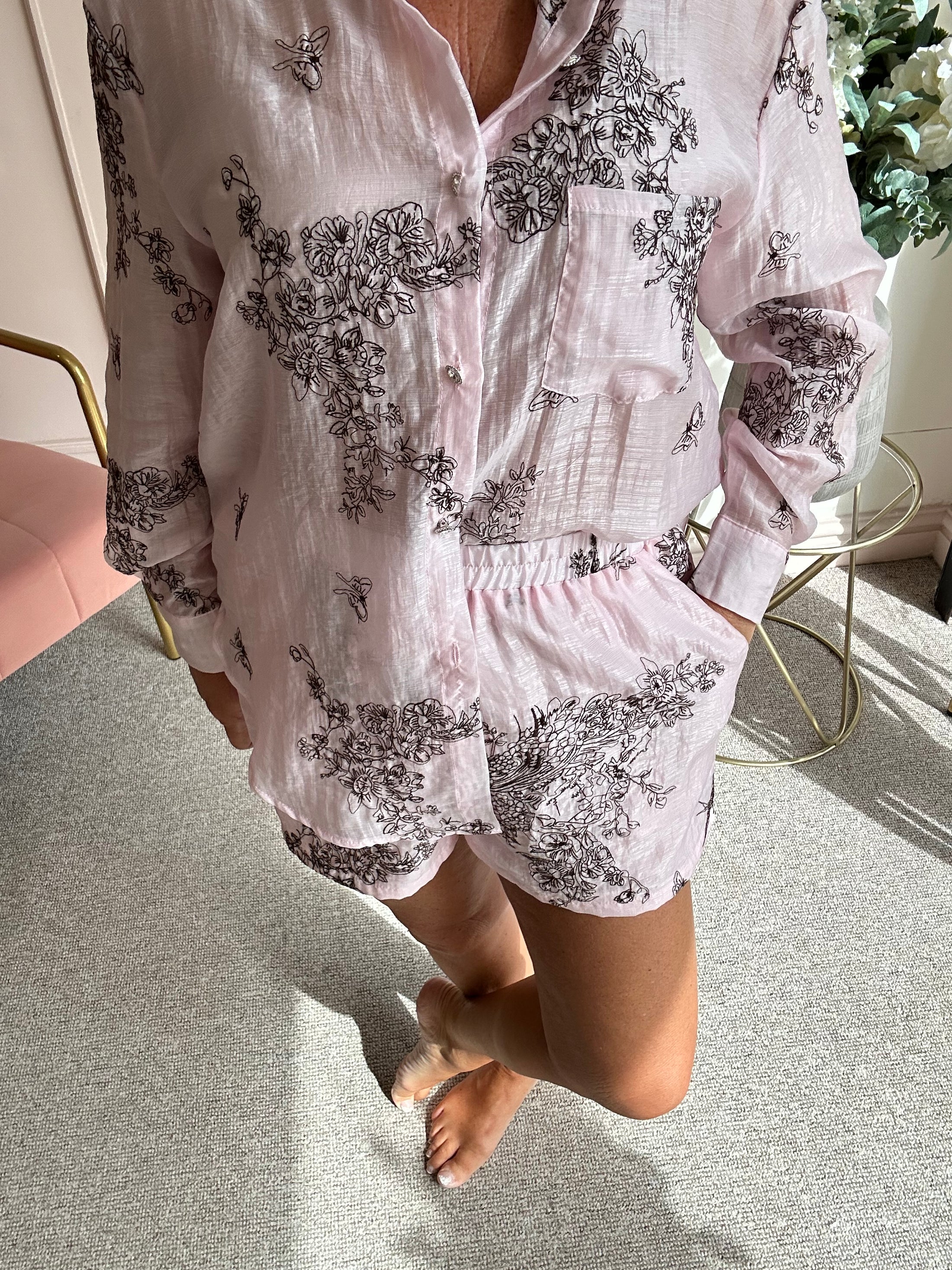 Embroidered Shirt & Short Set - Soft Pink - Wardrobe By Simone