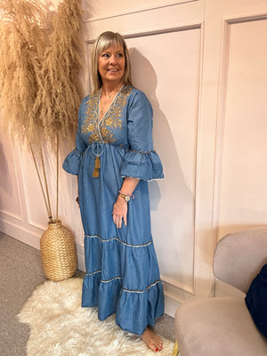 Boho Embroidered Maxi Dress - Mid Blue - Wardrobe By Simone