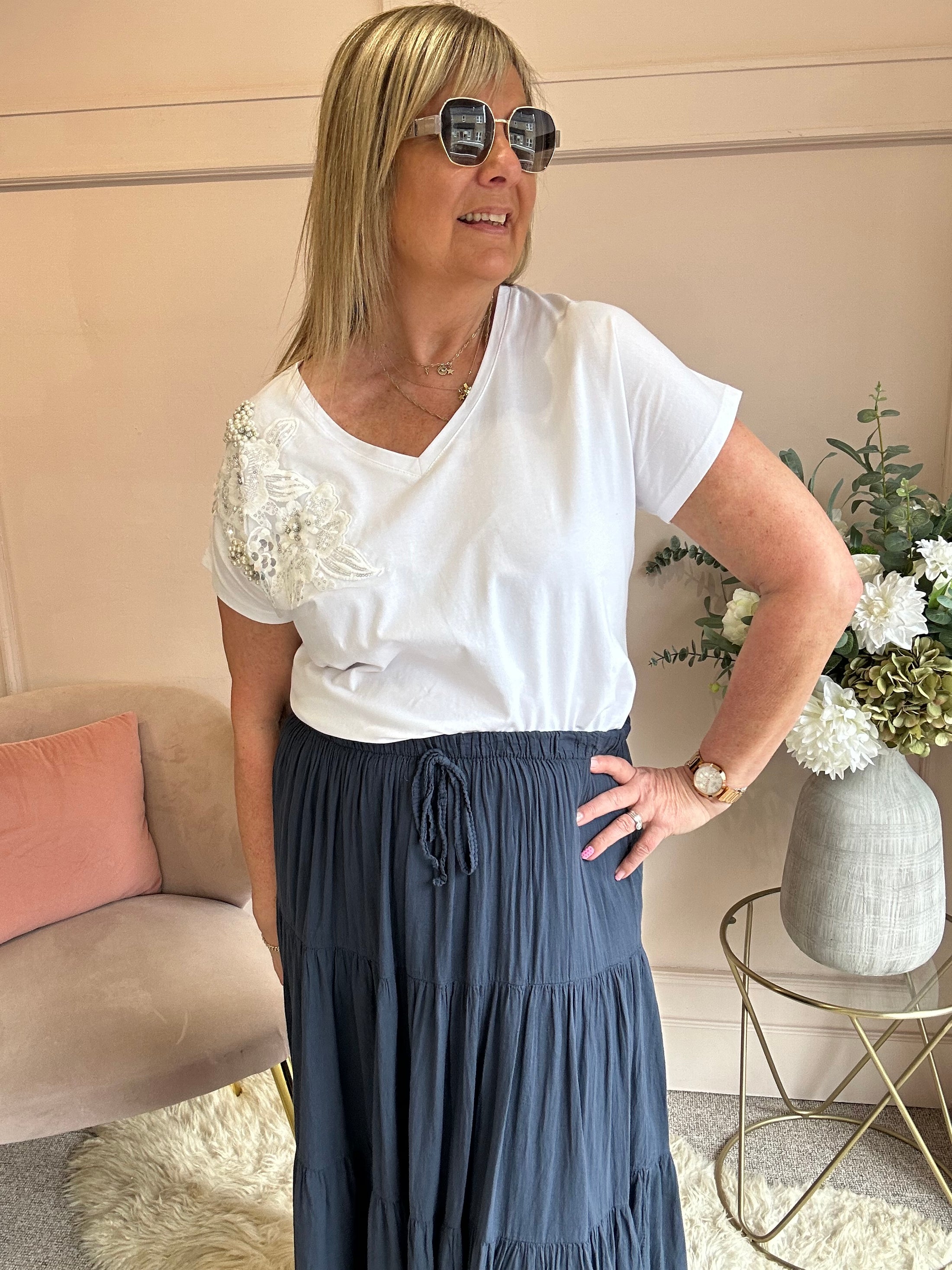 Sparkle & Pearl T Shirt  - White - Wardrobe By Simone