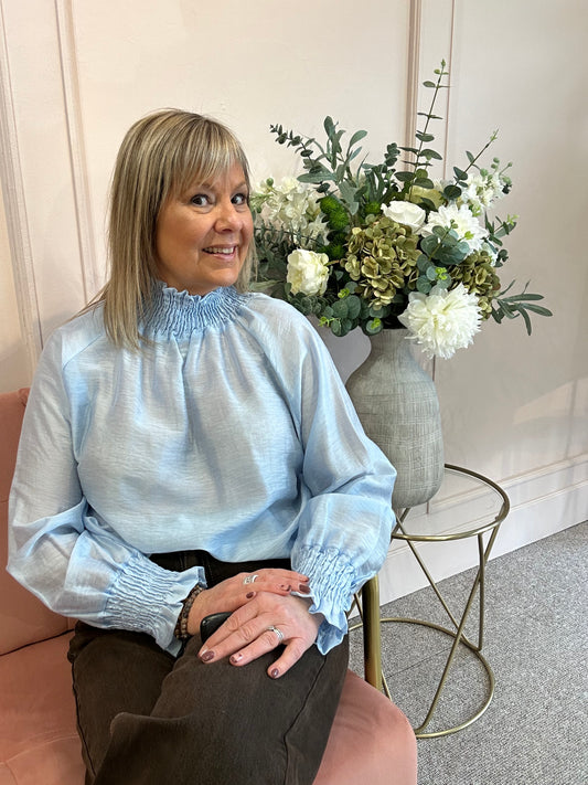 Ruffle Neck Top  - Pastel Blue - Wardrobe By Simone