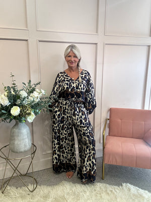 Leopard Top & Wide Pant Set - Navy/Cream