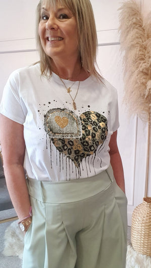 Khaki/Gold Melting Heart T Shirt - White