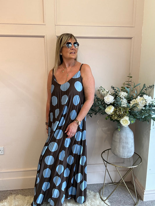 Spotty Dotty Pleated Maxi Sundress- Brown/Blue
