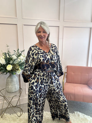 Leopard Top & Wide Pant Set - Navy/Cream