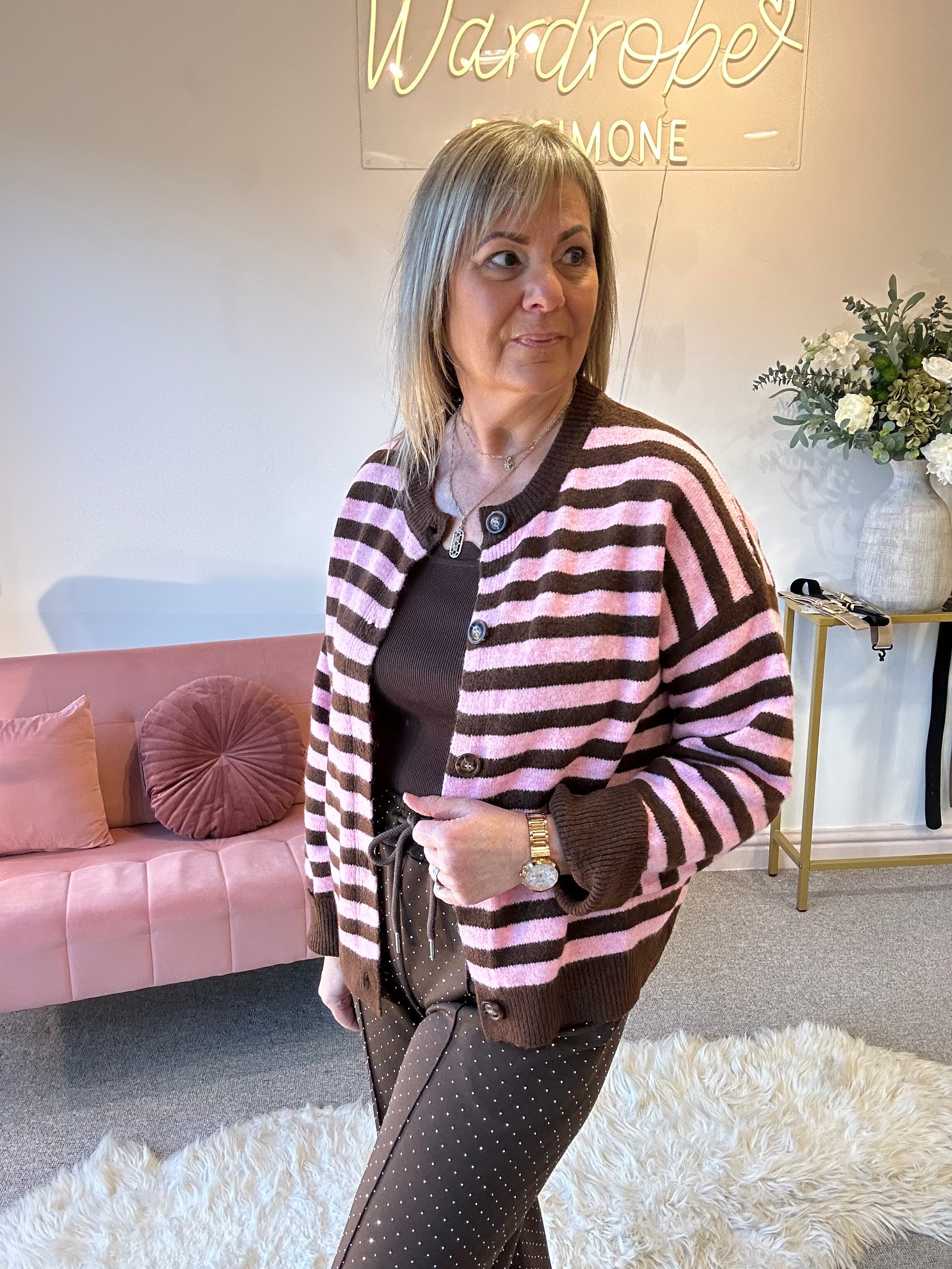 Fun Striped Button Cardigan -  Pink/Brown