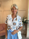 Load image into Gallery viewer, Crochet Collared Cardigan - White/Tan/Blue - Wardrobe By Simone
