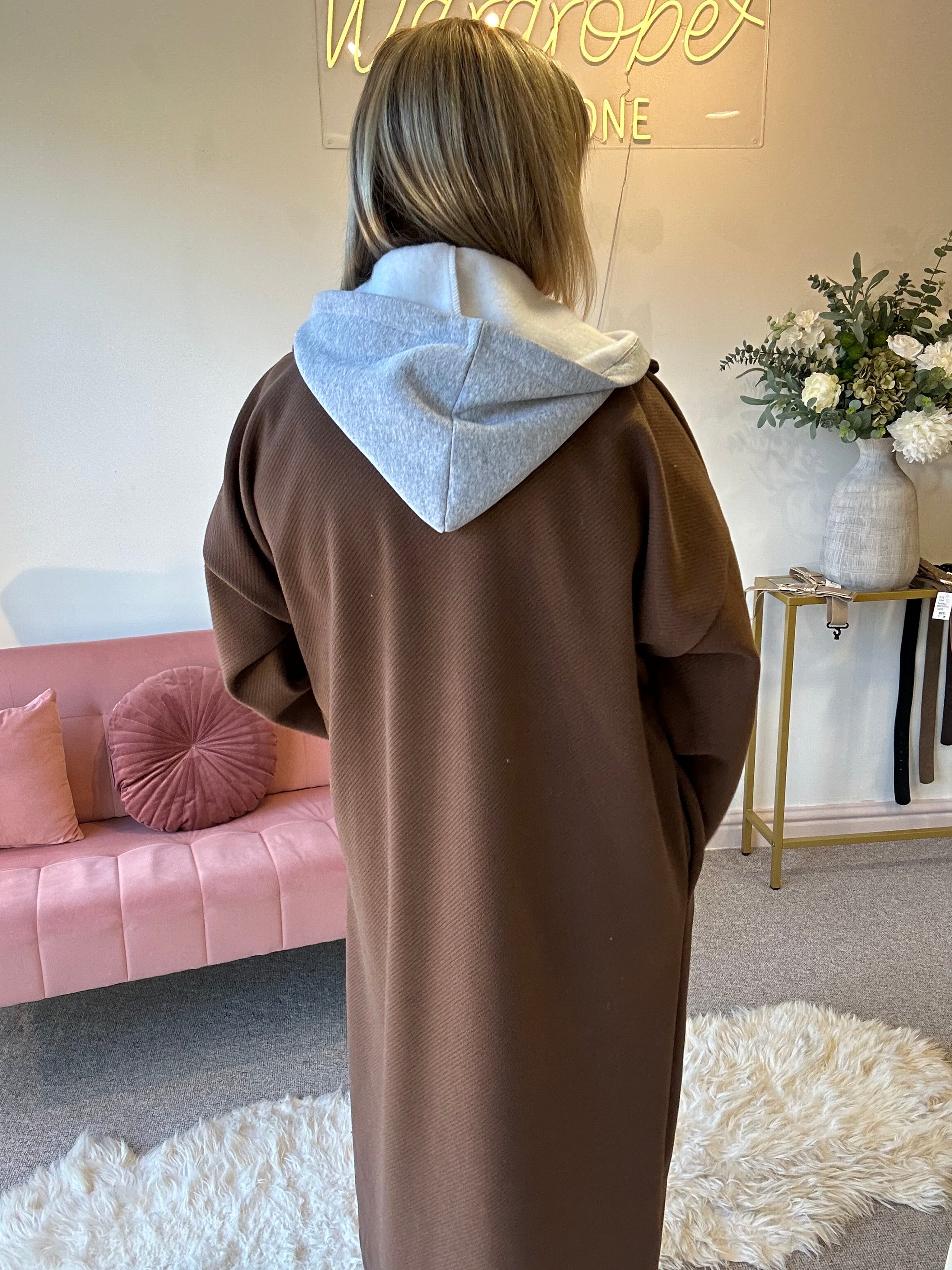 Hoody Two Pocket Long Coat - Brown