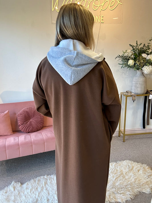 Hoody Two Pocket Long Coat - Brown