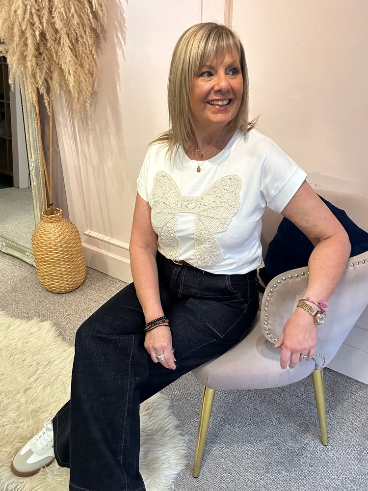 Cream Crochet Bow On T Shirt - White - Wardrobe By Simone