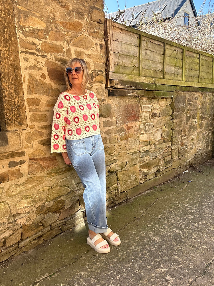 Crochet Spiral Detail Jumper - Cream/Pink
