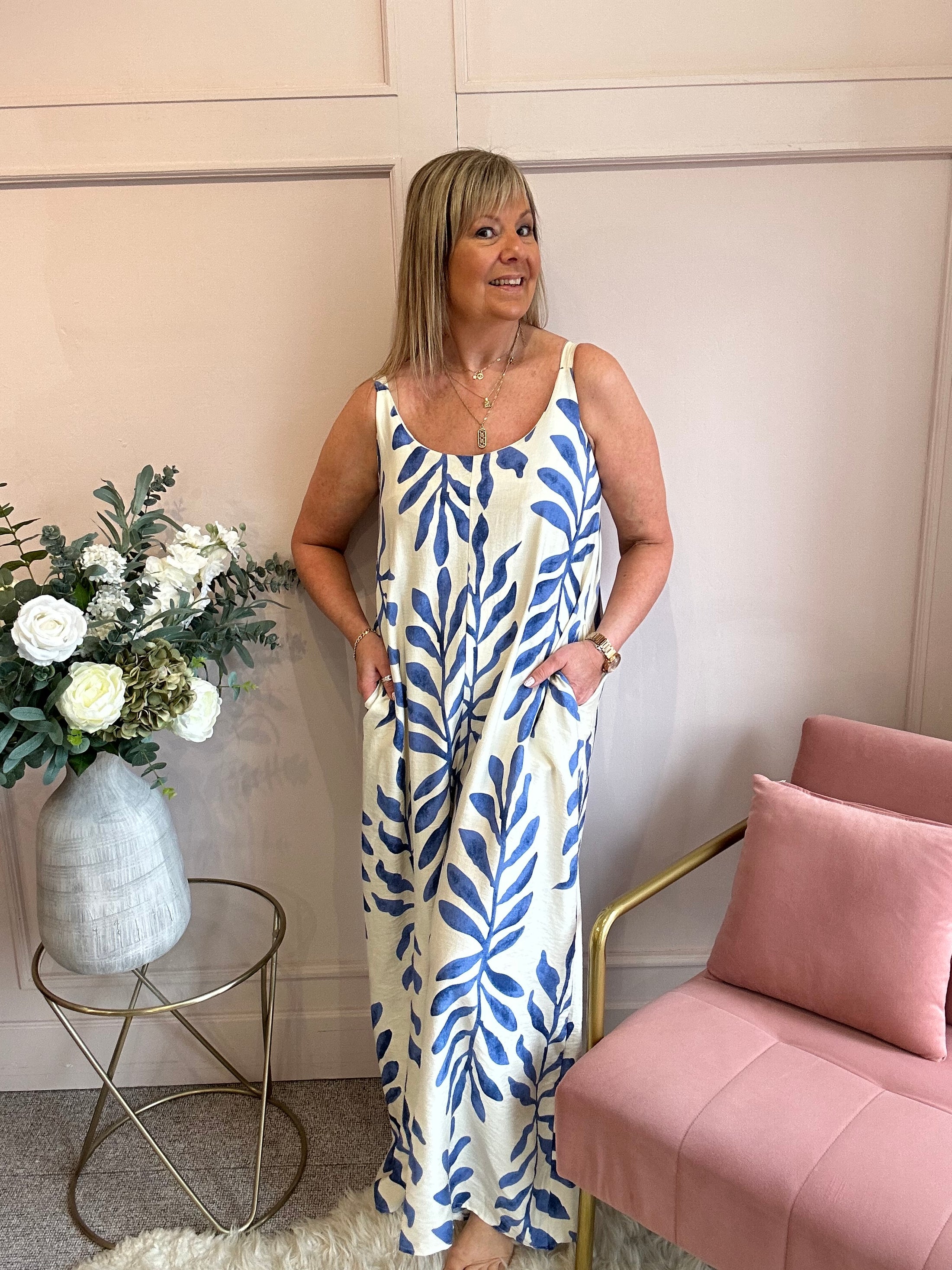Botanical Dungarees - Cream/Blue - Wardrobe By Simone