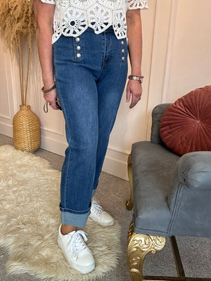 Gold Button Wide Cuff Jeans - Mid Blue