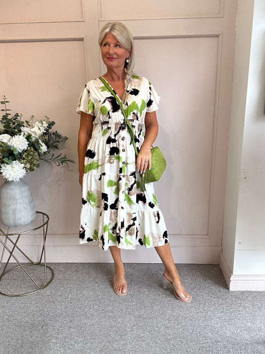 Button Detail Midi dress - Cream/Green/Brown - Wardrobe By Simone