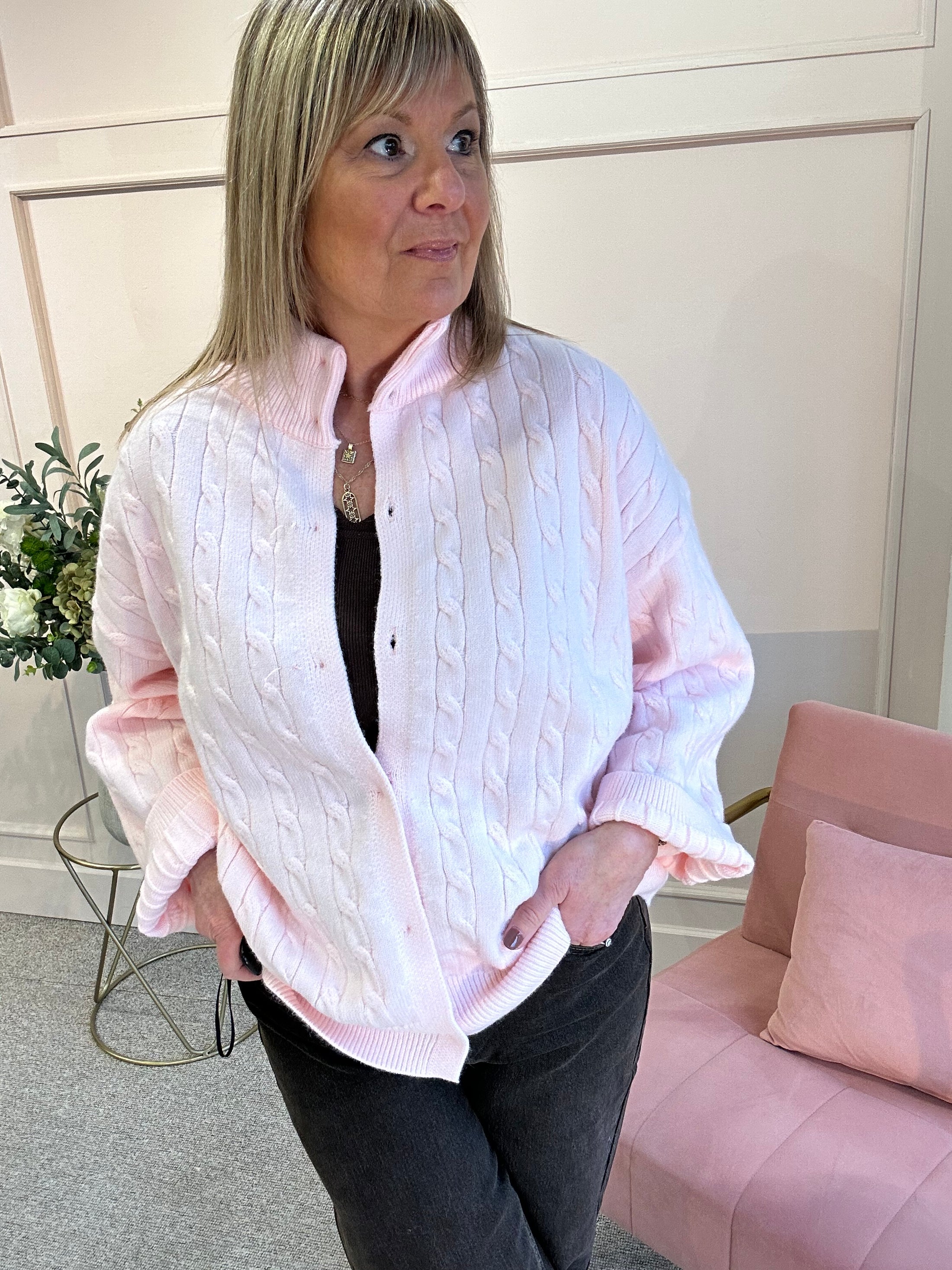 Cable Texture Pattern Cardigan - Soft Pink