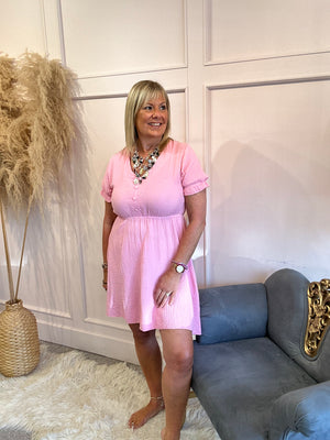 Short V-neck dress chessecloth - Pink - Wardrobe By Simone