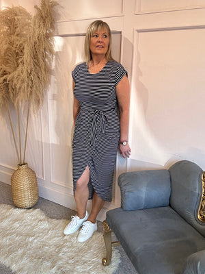 Striped Tulip Fold Dress - Navy/White