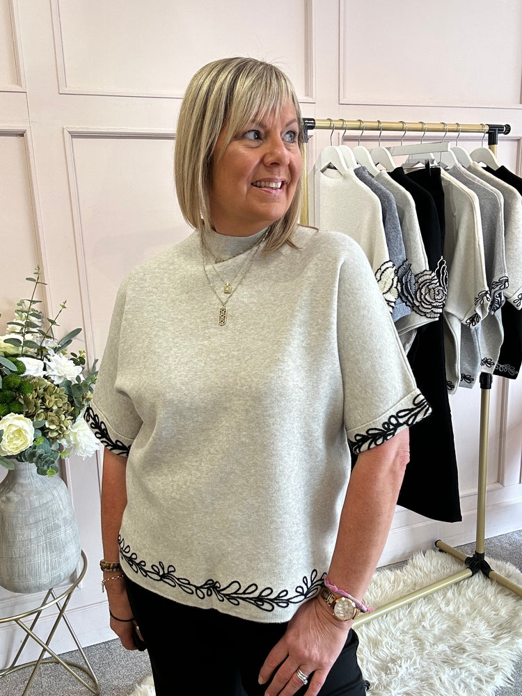 Embroidered Leaf Detail Jumper - Oatmeal