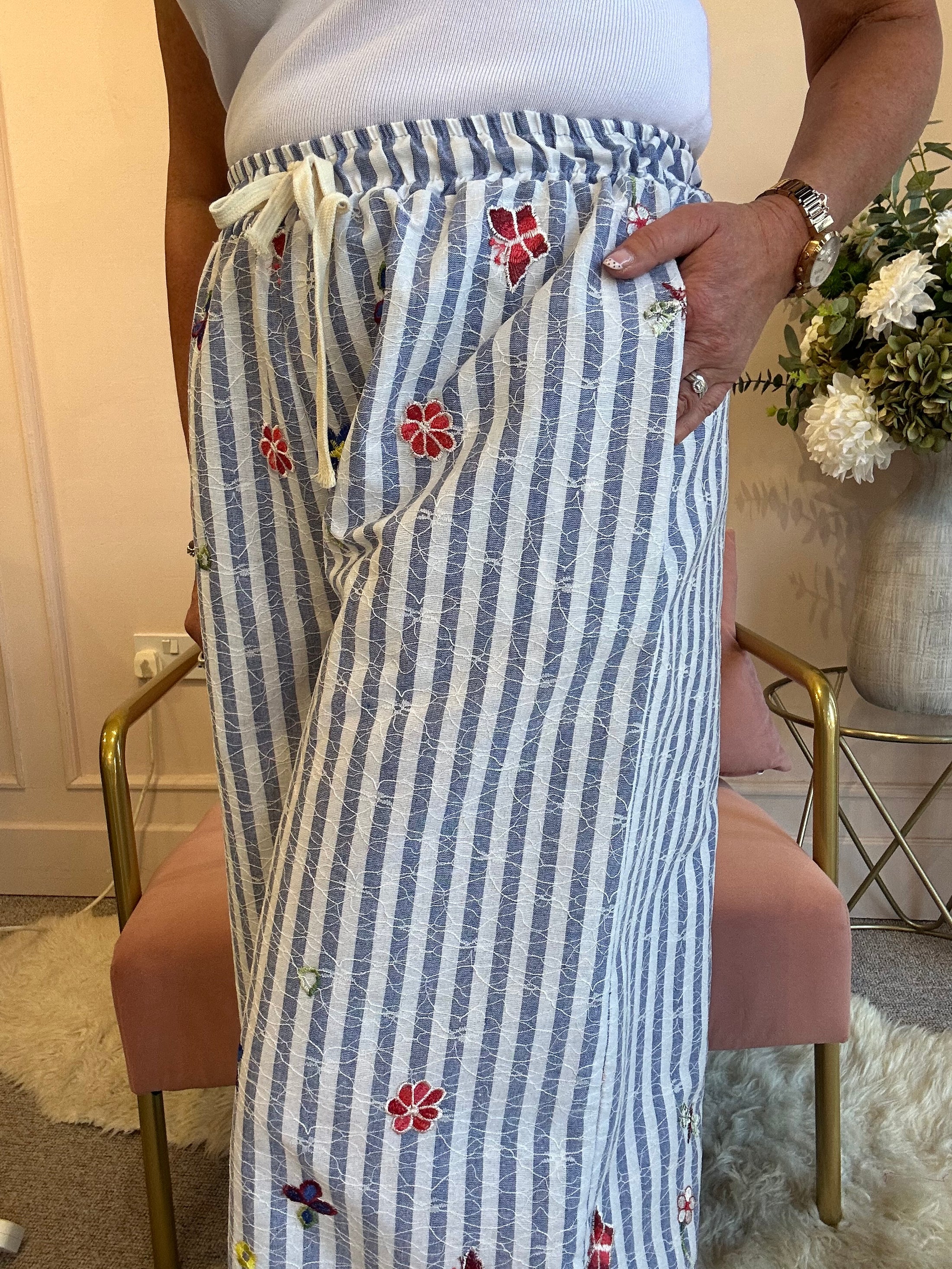 Flowers In The Pocket Striped Pant - Blue/White - Wardrobe By Simone