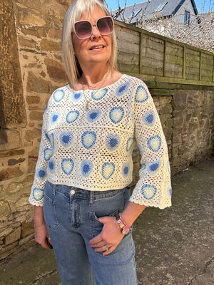 Crochet Spiral Detail Jumper - Cream/Blue