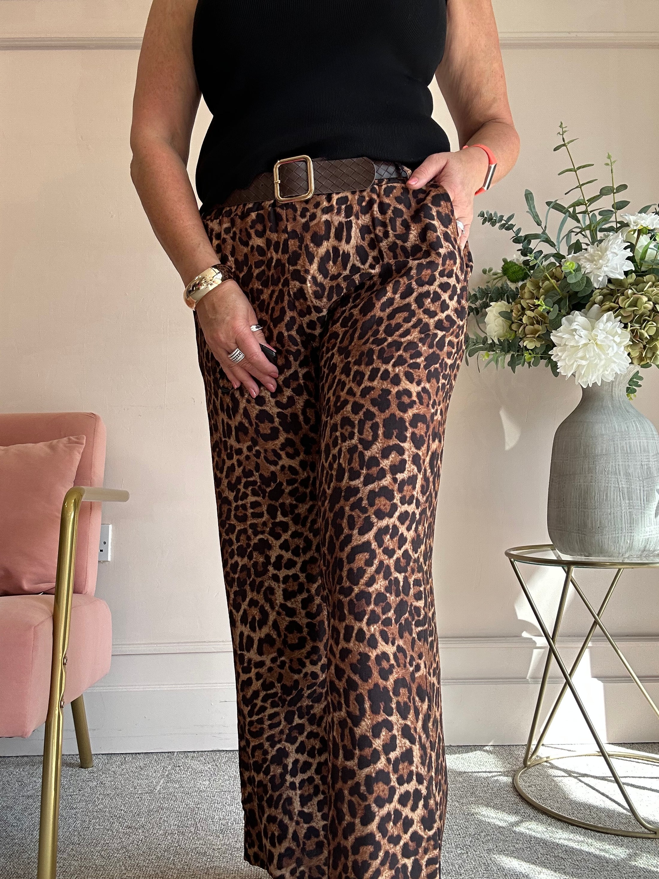 Belted Leopard Wide Pant - Brown/Black