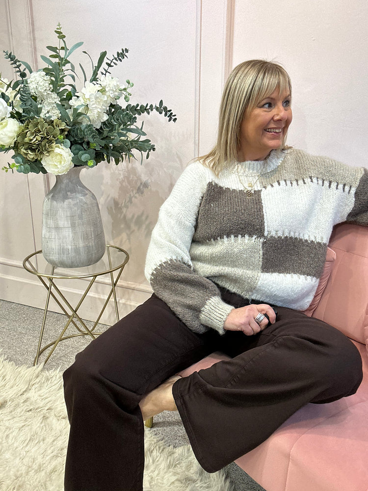 Bold Colour Block Pattern Jumper - Taupe/Cream