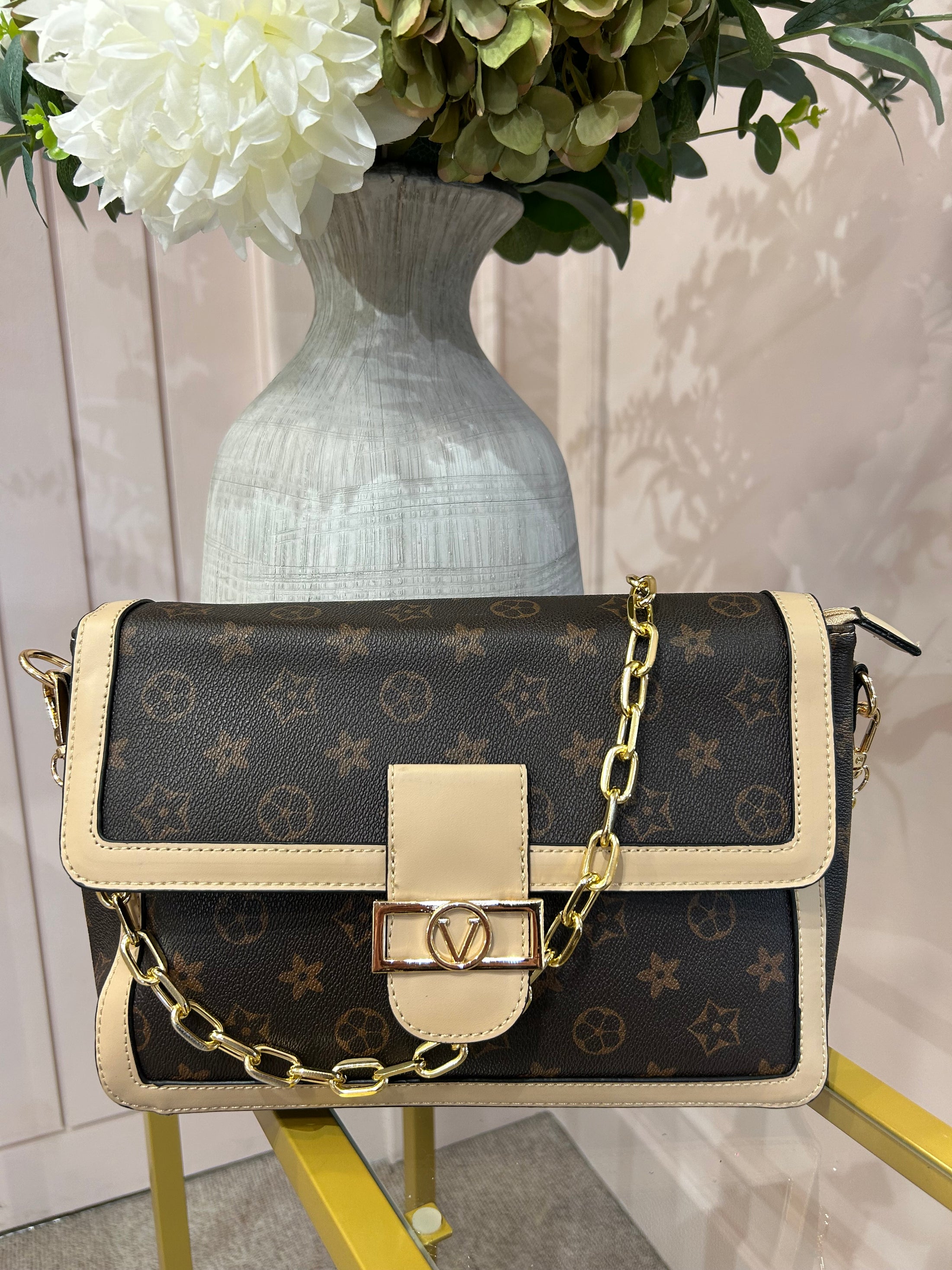 Satchel Patterned Chain Bag - Brown/Cream - Wardrobe By Simone