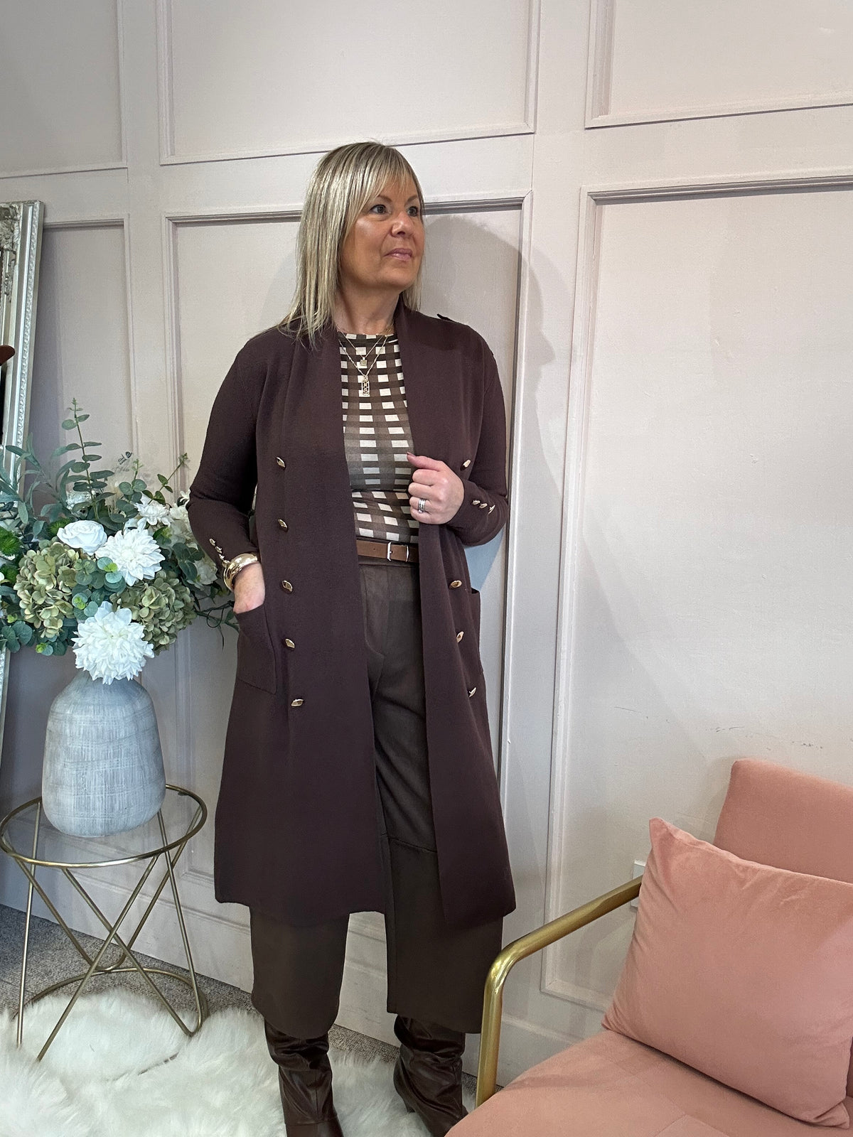 Long Gold Button Cardigan/Jacket - Brown