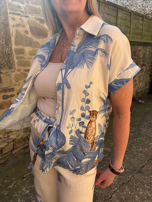 Cheetah & Palm Print Shirt - Cream/Blue