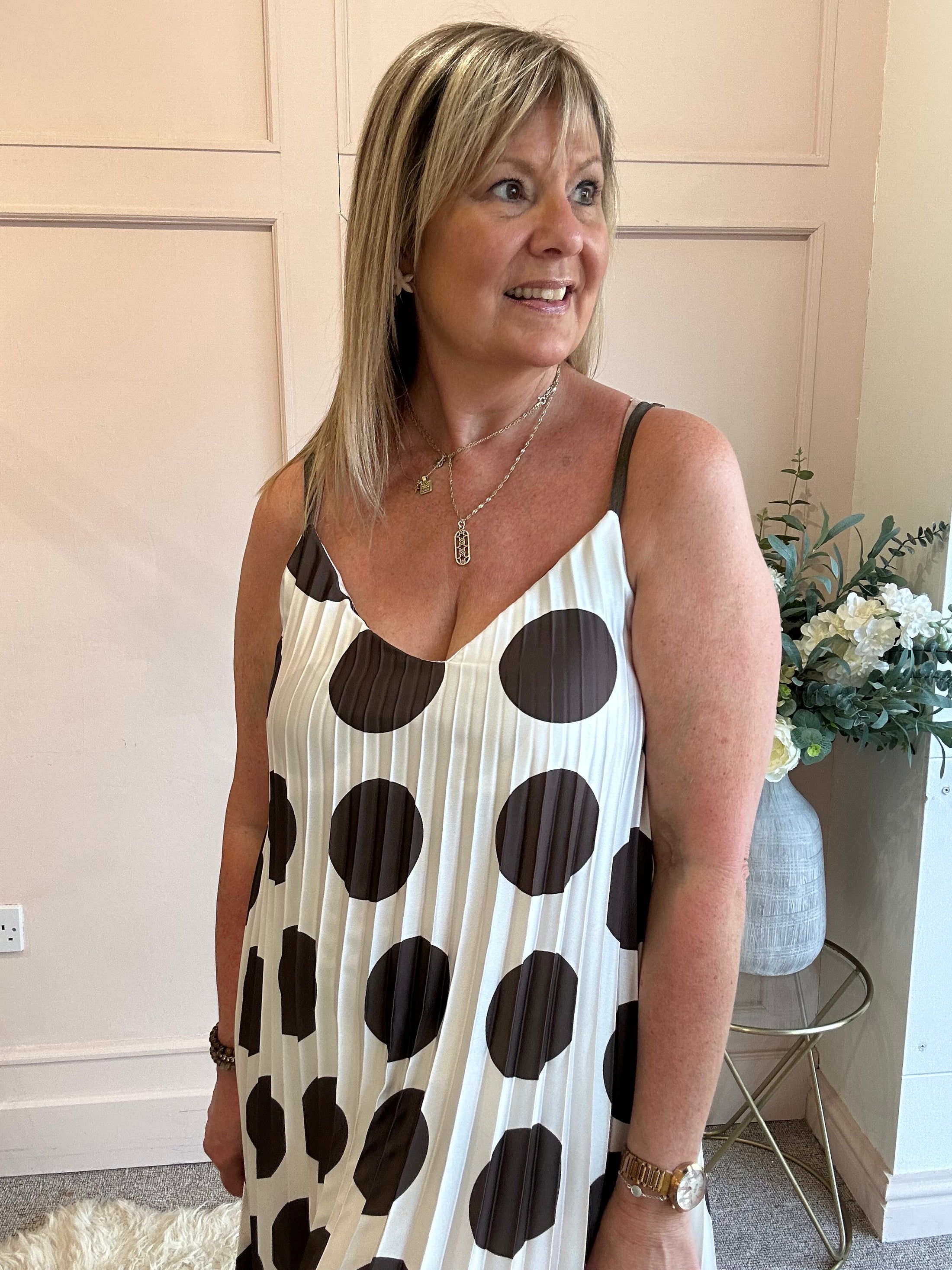 Spotty Dotty Pleated Maxi Sundress- Cream/Brown