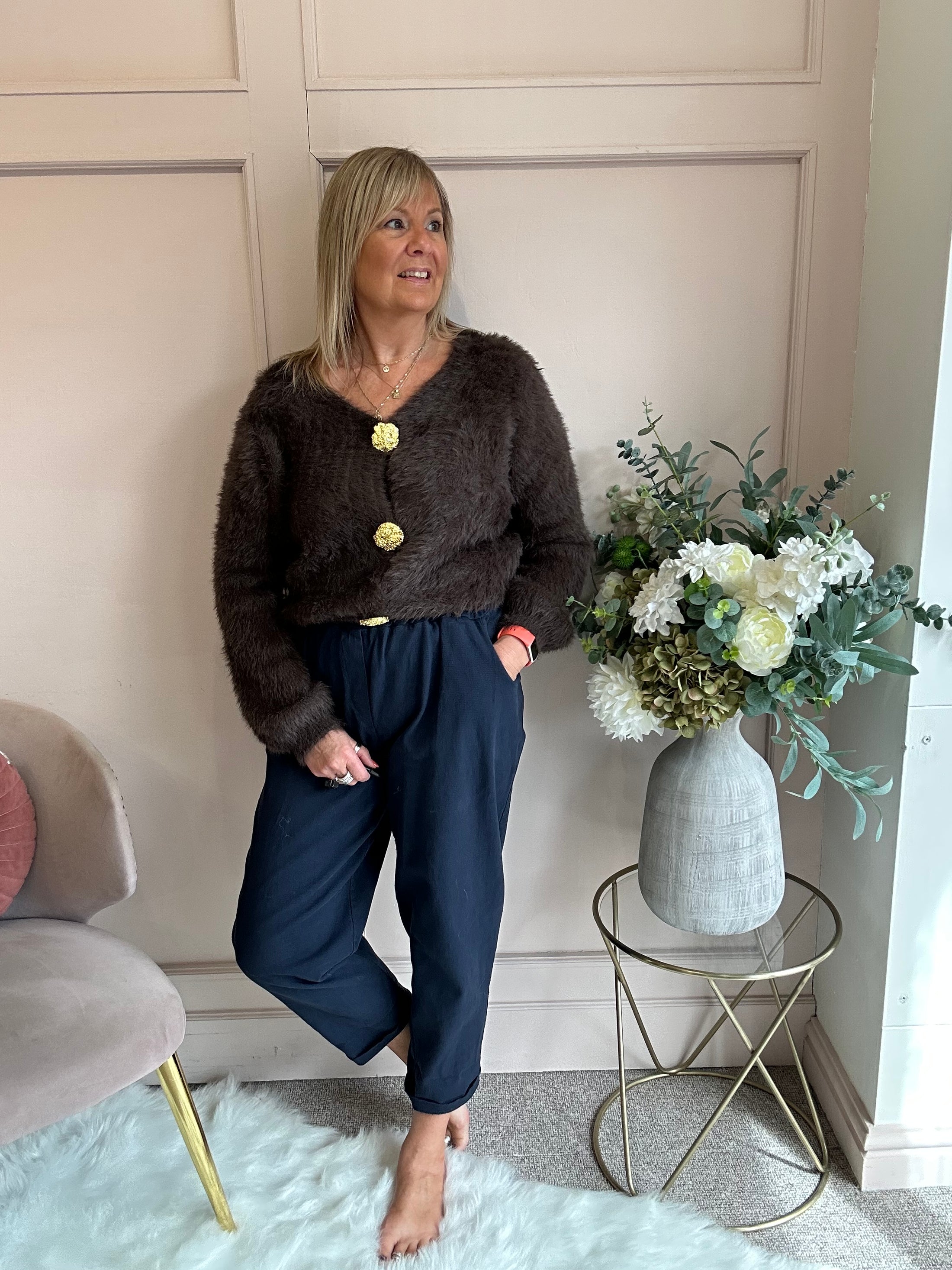 Fluffy Gold Button Cardigan - Chocolate