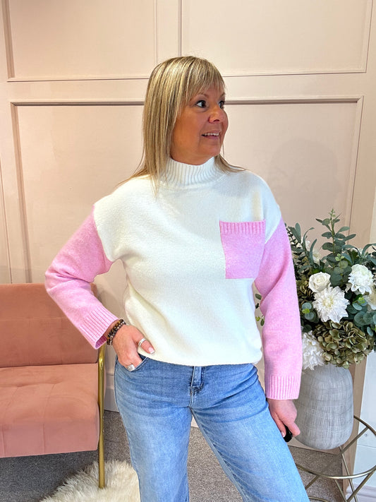 Turtle Neck Jumper -Cream/Pink