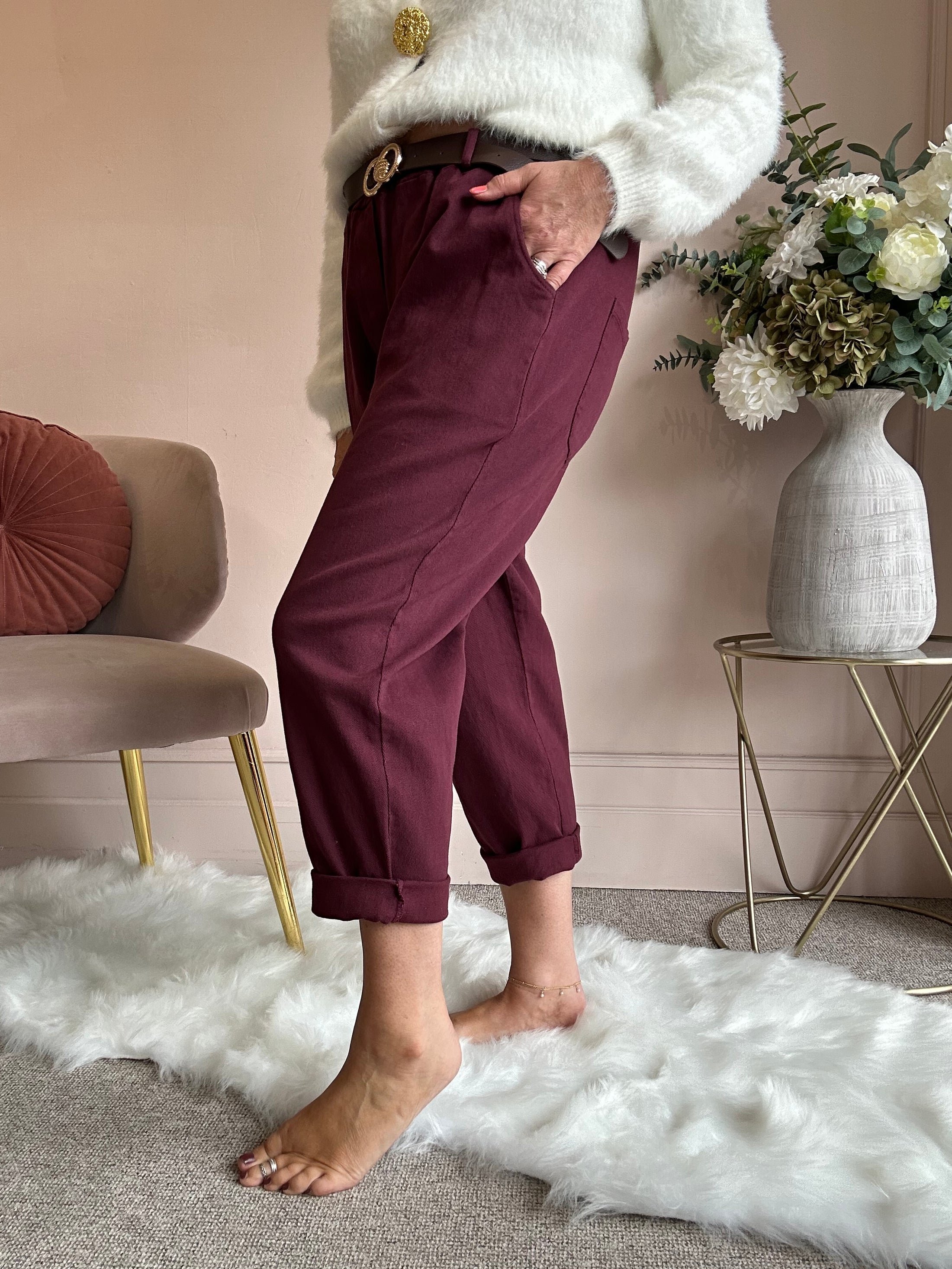 Belted Canvas Pant - Burgundy
