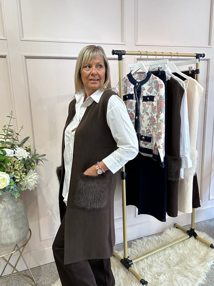 Fluffy Pocketed Long Waistcoat - Chocolate